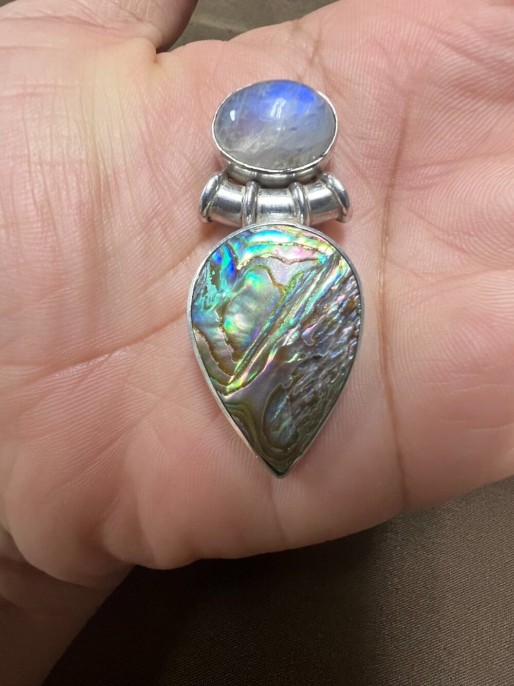 SAJEN DESIGNER SIGNED 925 moonstone abalone pendant necklace tear drop